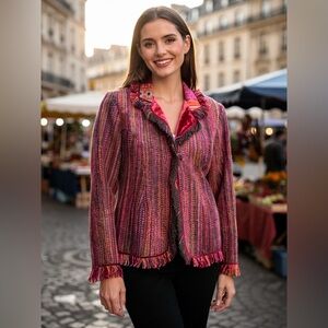 Coldwater Creek Fringe Boucle Multicolor Wool Blend Mixed Media Jacket